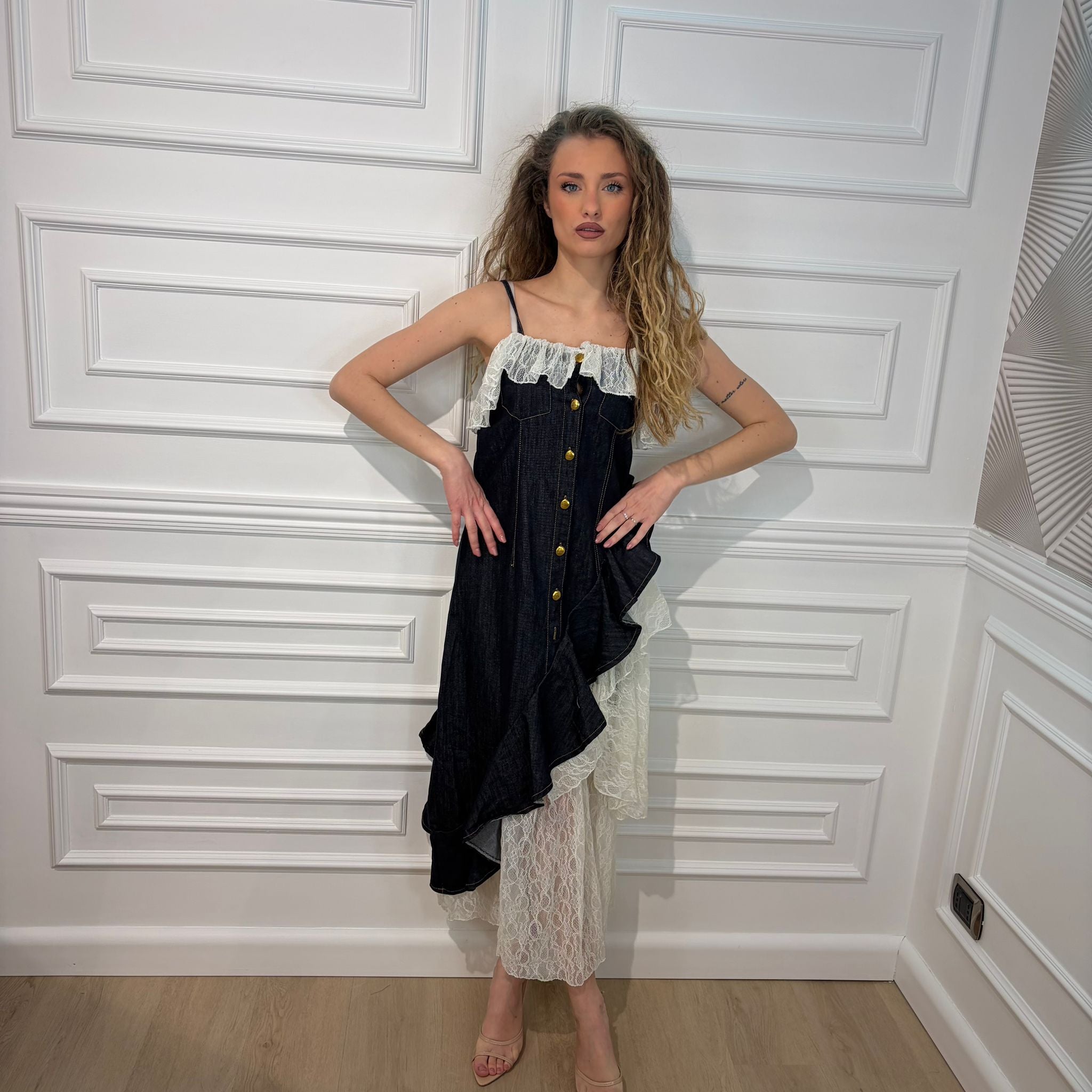 ABITO CHIARA IN DENIM CON PIZZO